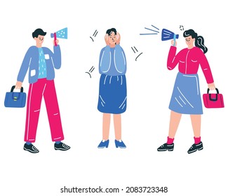 Colleagues with megaphones in their hands. Speak into a loudspeaker. They shout at the employee. The woman covered her ears with her hands. Vector illustration