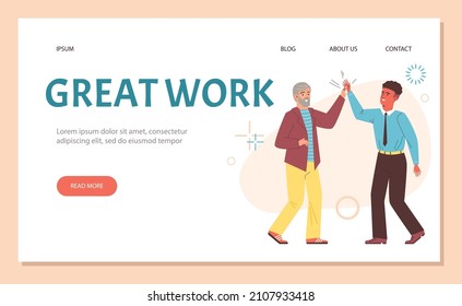 Los colegas aplauden y se felicitan mutuamente con un gran trabajo - página de aterrizaje ilustración vectorial plana. Diversas personas se dan entre ellas altas cinco como símbolo del trabajo en equipo y la unión.