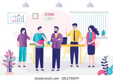 Kollegen trafen sich zu Fragen der globalen Planung und Marketingforschung. Geschäftsleute diskutieren Startprojekt und Unternehmensstatistiken. Konzept von Teamwork, Büro und Brainstorming. Flache Vektorgrafik