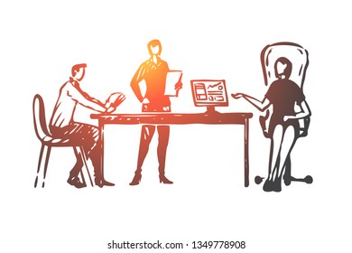 Colleagues, office, discussion, social, network concept. Hand drawn colleagues in office discussing a project concept sketch. Isolated vector illustration.