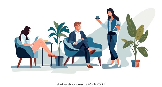 Colleagues in the office, employees relax, communicate. Corporate worker, business people communicate in open space.Open space coworking area, vector illustration