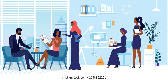 Colleagues in Office Flat Vector Illustration. Arab Company Workers Cartoon Characters. Muslim Businessman Working with Laptop. Corporate Routine, Business Cooperation. Workspace Panorama