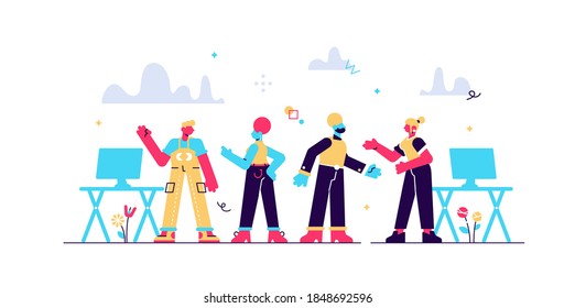 Colegas en la ilustración vectorial plana de oficina. Trabajadores relajándose, charlando con personajes de caricaturas. Empleados, empresarios se comunican. Espacio abierto de coworking aislado clipart sobre fondo blanco