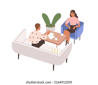 Colleagues at office meeting at coffee table, talking, discussing work. Employees sitting in armchair, sofa. Business communication with partner. Flat vector illustration isolated on white background