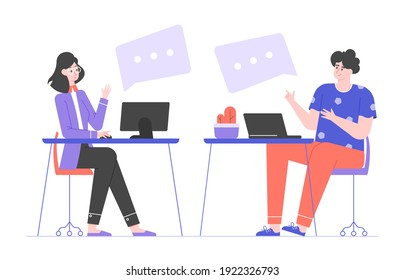 Colleagues in the office. They sit at workplaces with computers. Communicate, bubble speech. Coworking, brainstorming, teamwork. Vector flat illustration.