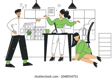 Colleagues in the office. A woman is hiding from an angry boss. An angry, dissatisfied angry boss. A frightened employee