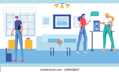 Colleagues, Office Workers Cartoon Characters Chatting during Coffee Pause in Company Recreation Room. Informal Environment and Business Team Comfortable Workspace. FLat Vector Illustration.