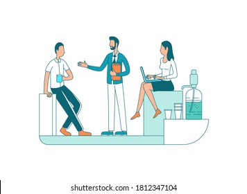 Colegas al romper caracteres vectoriales de color plano. Compañeros de trabajo. Comunicación del personal. Ocupación corporativa ilustración de dibujos animados aislados para diseño gráfico web y animación