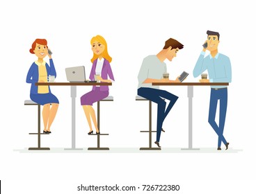 Colleagues on a lunch break - modern cartoon people characters illustration. A group of cheerful men and women sitting at the table, talking on the phone, drinking coffee, chatting online and relaxing