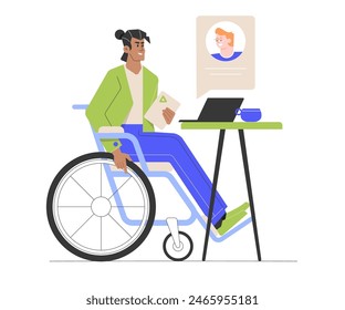 Colleagues on a one-on-one online call. Handsome young man in a wheelchair with a laptop. Project discussion, problem solving, freelancer. Vector flat illustration.