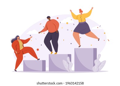 Colleagues or partners climb steps leading to success in business. Concept of teamwork, career growth, support, cooperation, team building, achieving goal. Flat vector illustration.