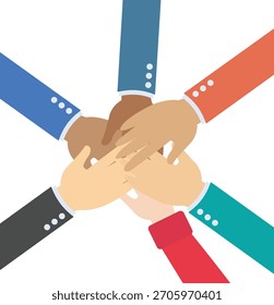 . Colleagues and partners putting their hands together. Teamwork, the signing of the contract, the path to success.

