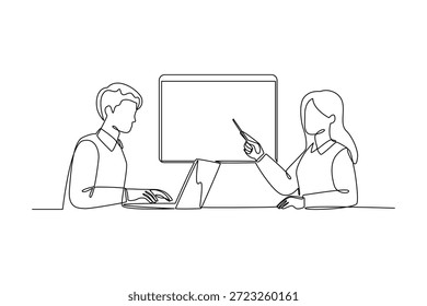 Colegas apuntando a una pantalla de presentación. Concepto de trabajo de Equipo. Diseño de dibujo de línea única. Ilustración gráfica de Vector