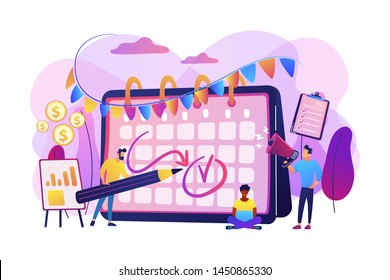 Colleagues preparing for corporate party. Time management, deadline. Brand event. Event brand management, sponsored event organization concept. Bright vibrant violet vector isolated illustration