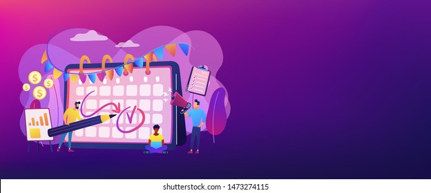 Colleagues preparing for corporate party. Time management, deadline. Brand event. Event brand management, sponsored event organization concept. Header or footer banner template with copy space.