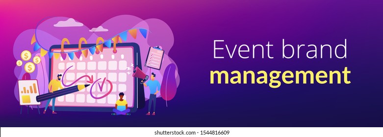 Colleagues preparing for corporate party. Time management, deadline. Brand event. Event brand management, sponsored event organization concept. Header or footer banner template with copy space.