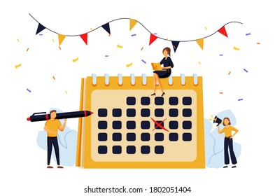 Colleagues preparing for corporate party. Time management, deadline. Brand event. Event brand management, sponsored event organization concept. Bright vibrant violet vector isolated illustration