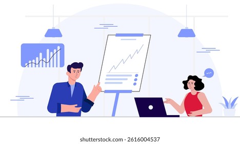 Colleagues presenting data trend in office. marketing analysis concept. flat illustration