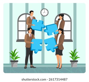 Colleagues in a professional setting working collaboratively to connect puzzle pieces, symbolizing teamwork. Flat vector modern illustration 