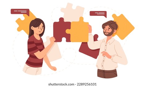 Colleagues with puzzle concept. Teamwork, collaboration and cooperation. Organization of effective workflow in office. Man and woman working on common project. Cartoon flat vector illustration