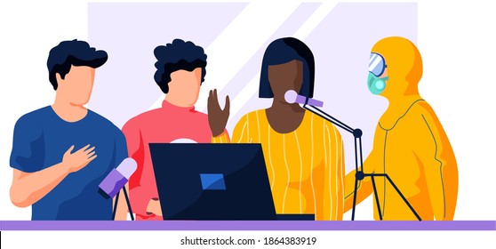 Colleagues recording track in music studio. People work together. Afro american girl singing a song into microphone. Man in a chemical protection suit is treating the studio. Disinfection of premises