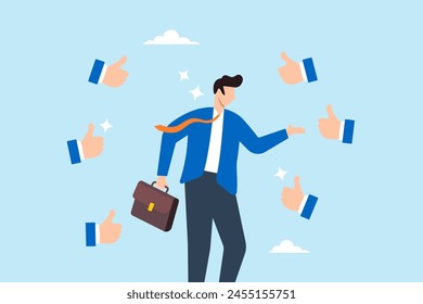 Colleagues respectfully give thumbs up to businessman, acknowledging his help and success. Concept of appreciation and acknowledgment of coworker contributions, signifying respect, honor and gratitude