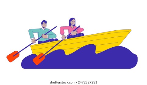 Colleagues rowing boat across rough sea 2D linear cartoon characters. Businesspeople sailing isolated line vector people white background. Successful teamwork color flat spot illustration