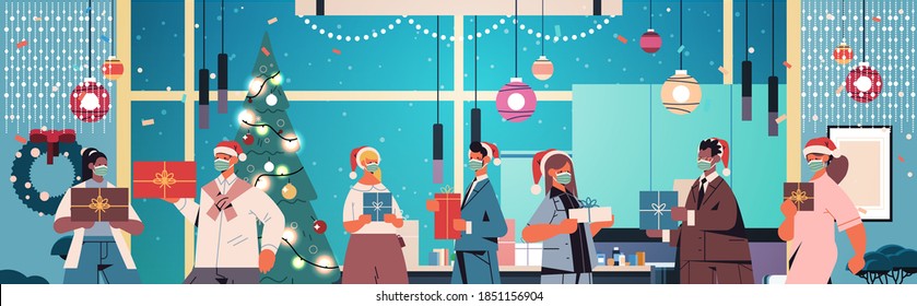 colleagues in santa hats wearing masks mix race coworkers holding gifts new year and christmas holidays celebration concept office interior horizontal portrait vector illustration