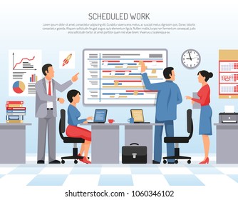 Colleagues schedule and planning work at office flat vector illustration