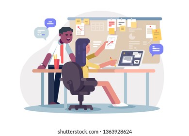 Colleagues scheduling work process vector illustration. Man and woman planning together operations agenda and working environment flat style concept. Office interior