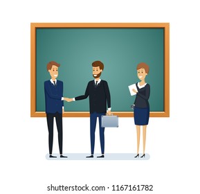 Colleagues from school next to blackboard. Distribution of duties, planning tasks, presentation, training for colleagues, teamwork, partnerships. Teaching, learning. Illustration in cartoon style.