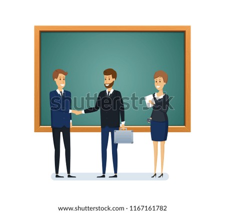 Colleagues from school next to blackboard. Distribution of duties, planning tasks, presentation, training for colleagues, teamwork, partnerships. Teaching, learning. Illustration in cartoon style.