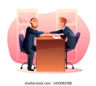Colegas estrechando la mano, ilustración plana. Personajes de caricatura de un agente de HR y un empleado. Negociaciones exitosas, entrevistas de trabajo.Contratación de empleados. Asociaciones comerciales, acuerdo de cooperación