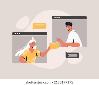 Colegas compartiendo materiales. El hombre y la niña intercambian información. Mujer entregando carpeta, elementos gráficos para sitio web, navegador, mundo digital y redes sociales. Dibujo vectorial plano de dibujos animados