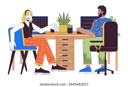 Colleagues sharing workplace 2D linear cartoon characters. Multiracial coworkers talking in office isolated line vector people white background. Software developers work color flat spot illustration