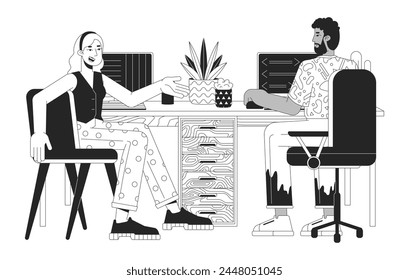 Colleagues sharing workplace black and white 2D line cartoon characters. Multiracial coworkers talking in office isolated vector outline people. Developers work monochromatic flat spot illustration