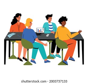 colleagues sit at the table together, teamwork. The concept of an office, working together. a team from different nationalities. Vector modern illustration