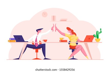 Colleagues Sitting at Desk Giving Highfive to Each Other after Successful Business Deal or Contract Signing, Office Team Triumph and Support Teamwork Employees Concept. Flat Vector Illustration