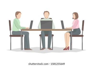 Colleagues sitting at table and working on laptop. Vector illustration.