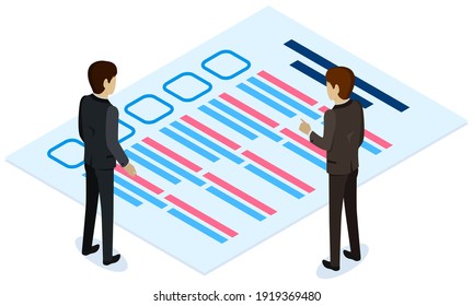 Colleagues studying questionnaire. Male characters checking exam. Stack of blank survey checklist sheets. Test writing and grading concept. Men standing near big checklist vector illustration