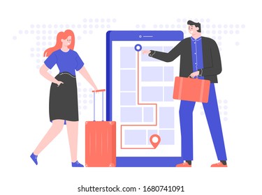 Colleagues with suitcases and luggage stand next to the smartphone. Building a route. Business trip. Vector flat illustration.