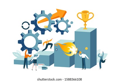 Colleagues support employee. Character climbs on columns to prize. Worker runs up career ladder. Teamwork at enterprise. Conceptual vector illustration EPS 10 isolated on white.