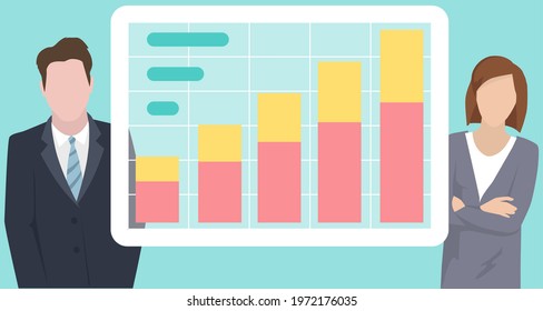 Colleagues talk about financial indicators. Workers communicate solve business development issues, collaboration and discussion graphical business report with charts. Teamwork, joint work in company