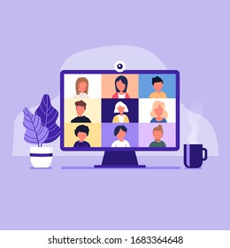 Colleagues talk to each other on the computer screen. Conference video call, working from home. - Shutterstock ID 1683364648