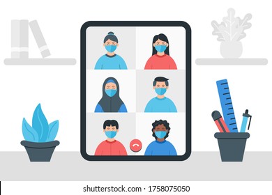 Colleagues talk to each other on the  screen. Video conference illustration. Stay and work from home. Online meeting work form home. Stream, web chatting, online meeting friends.