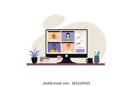 Colleagues talk to each other on the computer screen. Conference video call, working from home