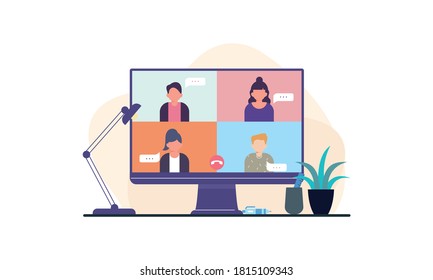 Colleagues talk to each other on the computer screen. Conference video call, working from home