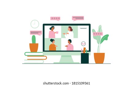 Colleagues talk to each other on the computer screen. Conference video call, working from home