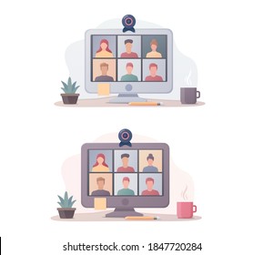 Colleagues talk to each other on the computer screen. Conference video call. Working from home. Flat vector illustration. Computer and web camera. Isolated on white background. 