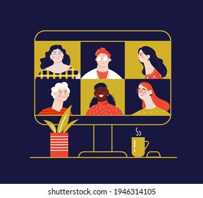 	
Colleagues talk to each other on the computer screen. Conference video call, working from home. Friends chatting online vector illustration.
